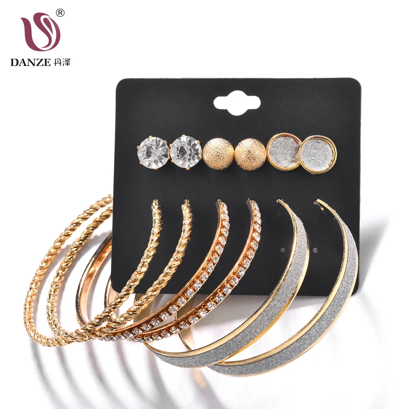 DANZE/6 пар/лот, набор сережек-гвоздиков в стиле панк для женщин, большой круг, полный кристалл, серьги-кольца, женские серьги, Прямая поставка