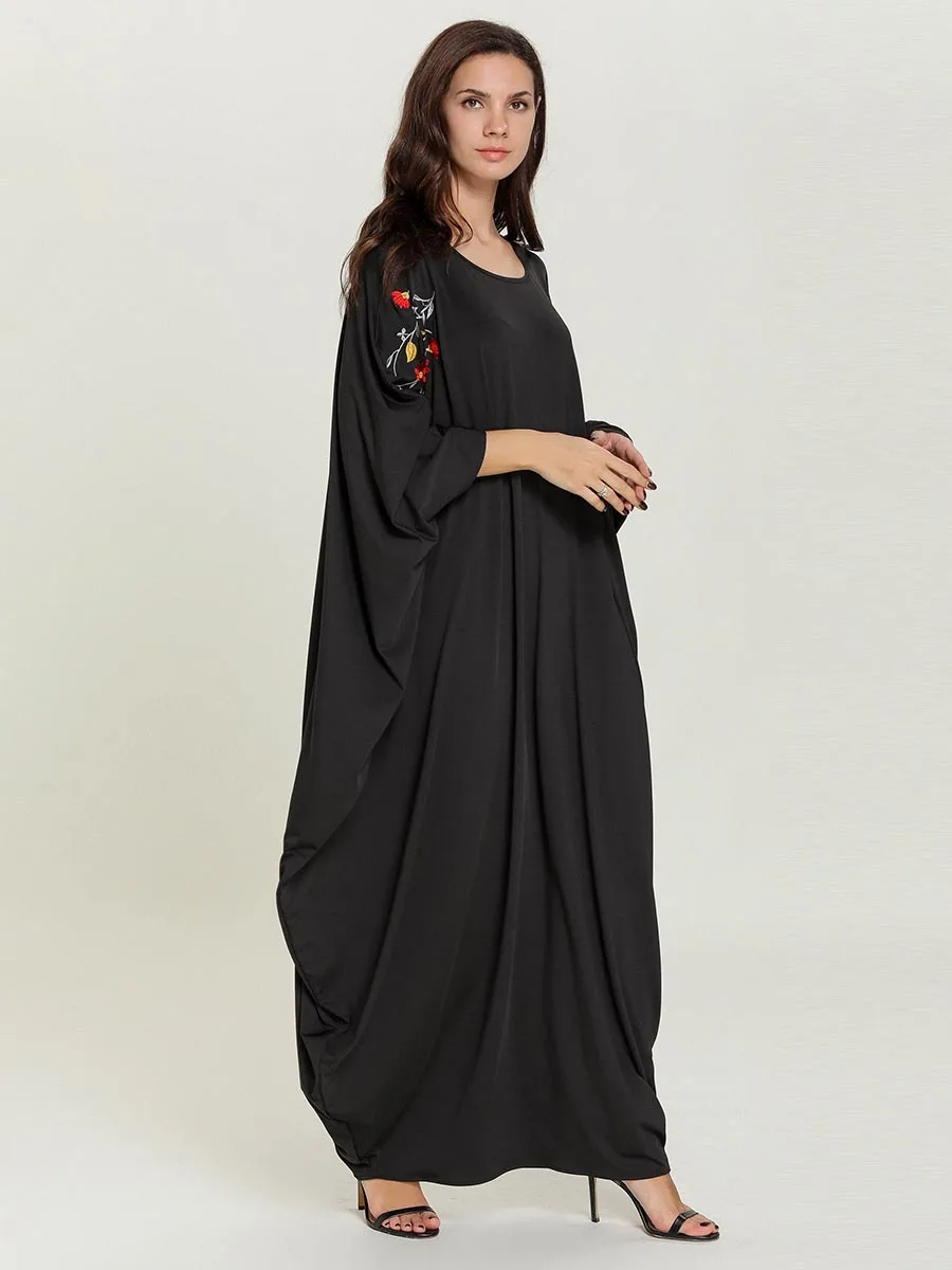 Женское платье Musim abaya с круглым вырезом, длинным рукавом «летучая мышь», большой размер, Вышитое мусульманское платье хиджаб, женское исламский джильбаб, кафтан