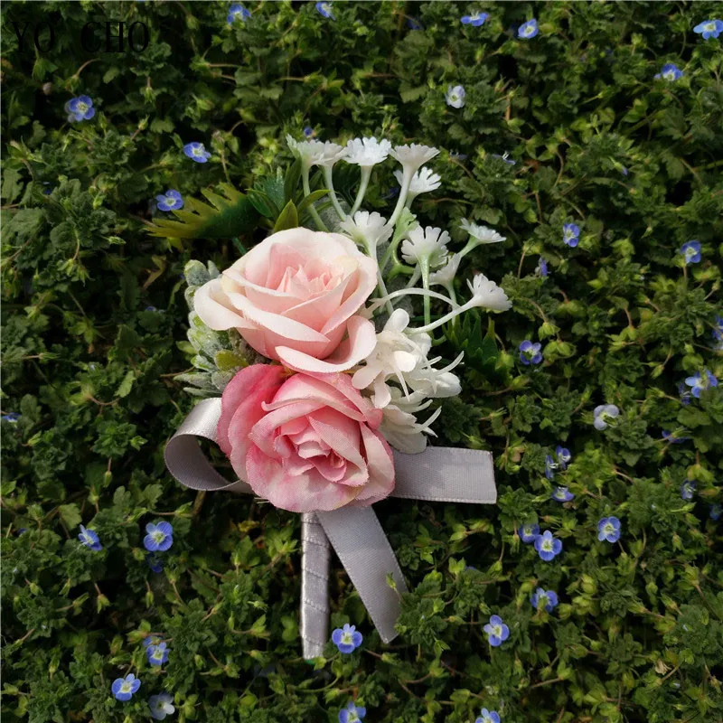 Wedding Accessories Boutonnieres Corsages Pink Rose Cuff Bracelet Flore Bridesmaid Groomsmen Marriage Silk Wrist Corsages (36)