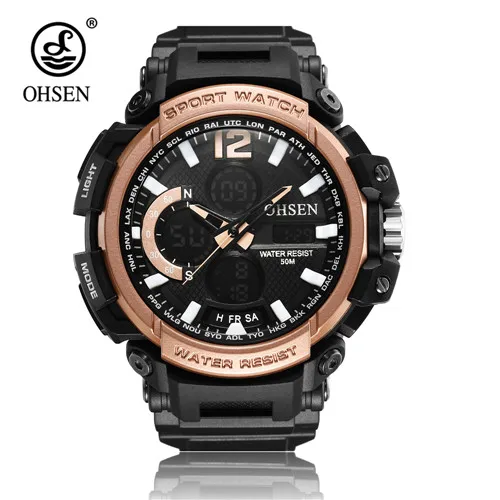 Gold Лучшие продажи бренд OHSEN модные цифровые спортивные часы мужские кварцевые наручные часы с резиновым ремешком белые 50 м Водонепроницаемые светодиодные наручные часы мужские Relogios - Цвет: Gold