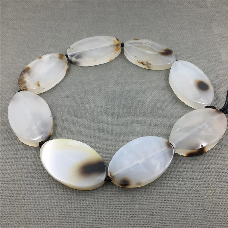 MY1223 Oval Polished Clear Slice White and Brown agates Slab Drilled Pendant Beads For DIY Jewelry 15.5 Inch Strand (2)