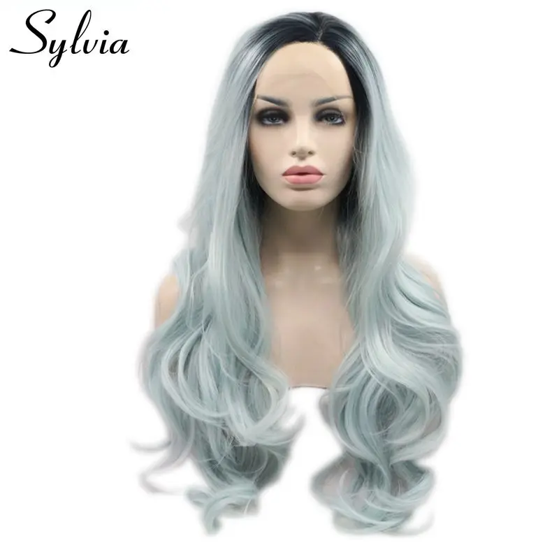 Sylvia Ombre Blue Body Wave Synthetic Lace Front Wig Dark Root 2Tone Side Part Long Heat Resistant Fiber Hair For Women Lace Wig body-wave : image Sylvia Ombre Blue Body Wave Synthetic Lace Front Wig Dark Root 2Tone Side Part Long Heat Resistant Fiber Hair For Women Lace Wig body-wave