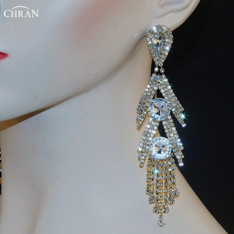 

Chran Bridal Silver Tone With Clear Rhinestone Crystal Earing Wedding Party Dangle 5" Chandelier Drop Earrings Party Jewel LE862