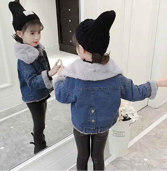 Autumn Winter Children Girls Plus Velvet Jeans Jackets Kids Girls Thick Warm Faux Rabbit Fur Denim Coats Baby Clothing W140