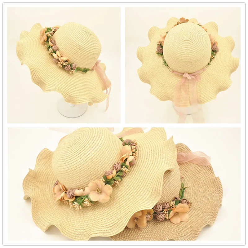 زهرة يدوية الصنع القش قبعة الأشعة فوق البنفسجية حماية إمرأة اكليلا قبعة الشمس طوي الصيف الكروشيه شاطئ كاب الشمس السيدات عطلة الملحقات
