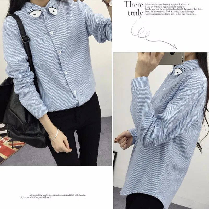 2016 New Spring and Autumn Womens Shirt Blouse Cat Embroidery Long Sleeve Women Shirts Casual Tops Size M-XL17