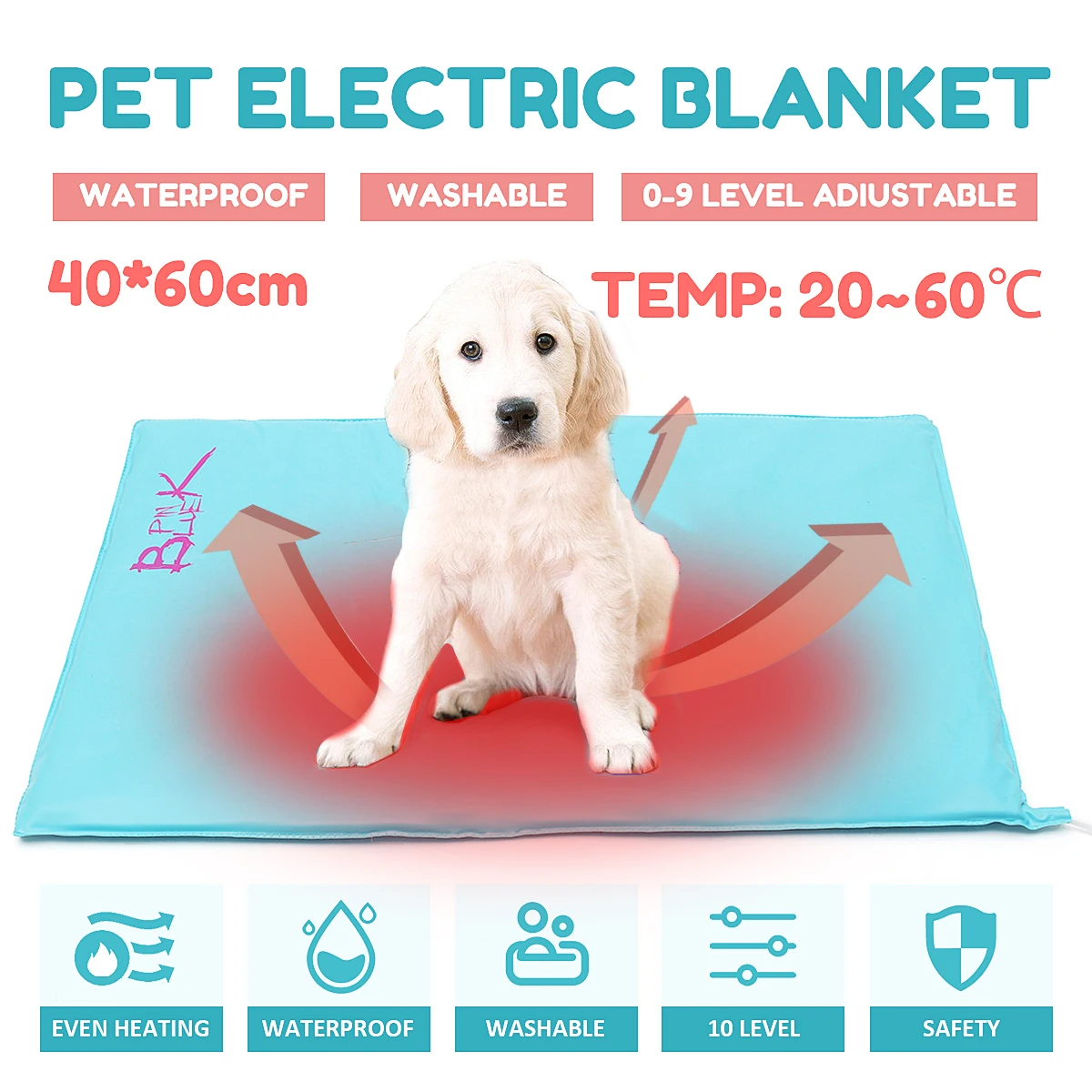 

30W 220V Electric Heating Mat 10 Level Adjustable Heating Carpet Waterproof Warming Winter Pad Heated Bed 60x40cm