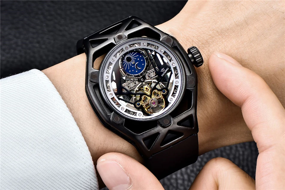 OUYAWEI الشمس والقمر التلقائي رجل الأعمال الميكانيكية ووتش الأعلى العلامة التجارية الفاخرة توربيون ووتش الهيكل العظمي ساعة اليد Gif relogio