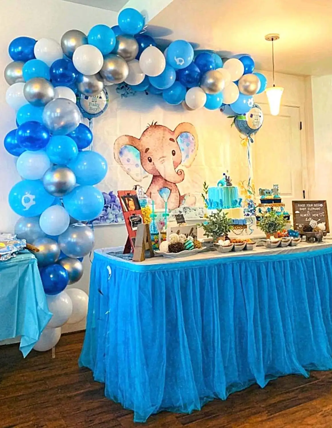 

Balloon Garland Arch Kit Blue and White Silver 16Ft Long 100pcs Balloons Pack For Party Decorations.