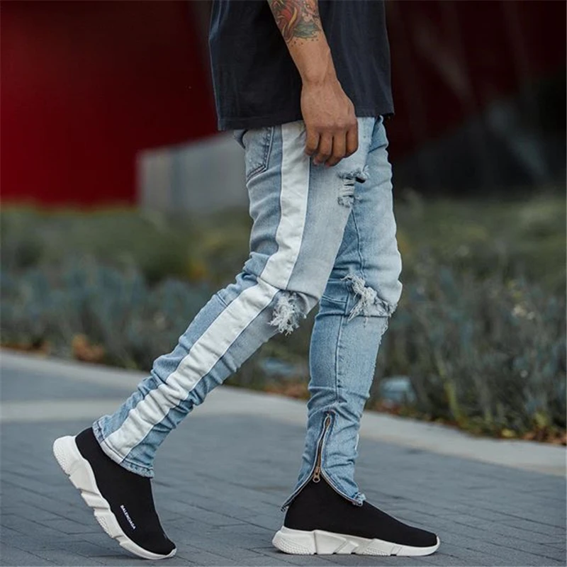 Для мужчин хип-хоп KANYE WEST, Узкие рваные джинсы до колена, обтягивающие джинсы в белую полоску, в стиле пэчворк, с дырками, уличная одежда, джинсовые штаны на молнии