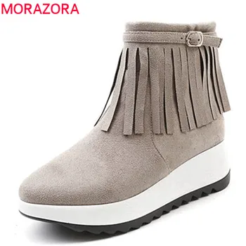 

MORAZORA 2020 newest ankle boots for women flock simple zipper boots fringe popular winter snow boots flat shoes woman