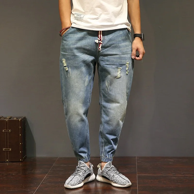 large size Mens biker Jogger Solid color Casual hip hop man Denim ripped trousers Drawstring Elastic