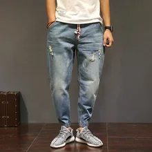 Большой размер мужские байкер jogger сплошной цвет повседневная hip hop man denim ripped брюки drawstring эластичный свободные карандаш шаровары