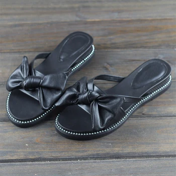 

Women Genuine Cow Leather Outside Handmade Slippers Black Slide Butterfly-knot Rubber Hollow National Summer Shoes For Women 19