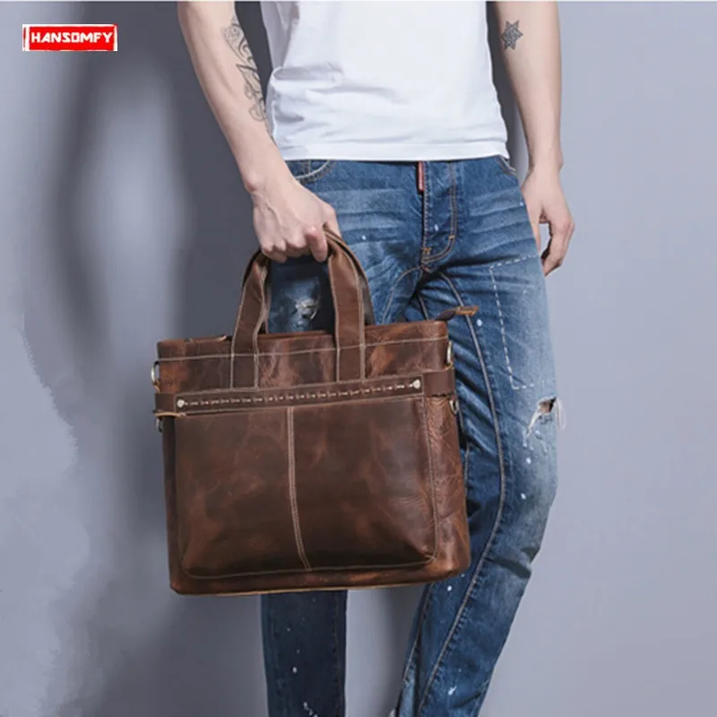 

New retro Men crazy horse leather briefcases business handbag laptop shoulder bag diagonal genuine leather men's computer bag