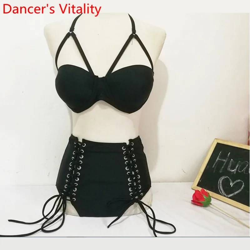 

Nightclub Stage Wear Bar DJ DS Women Singer Pole Dance Performance Costume New Jazz Sexy Black Bandage Bra Shorts Set Suit