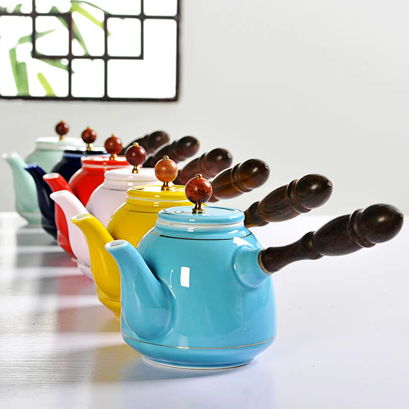 Chinese ceramic teapot side making apparatus Kungfu filter Japanese single wood handle tea pot colorful kettle | Дом и сад