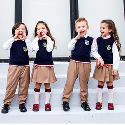 Новинка весны дети Англия ученика начальной школы Униформа для мальчиков и девочек дети ученик вязаный жилет плиссированная юбка брючный