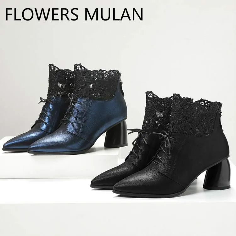 

New Designers Patchwork Leather Lace Ankle Boots For Women Chic Pointed Toe Cross Tied Winter Shoes Woman Round Heel BotasMujer