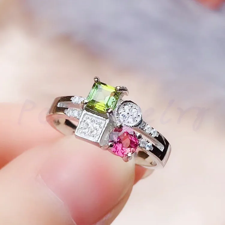 

Natural tourmaline square ring Free shipping 925 sterling silver 0.2ct*2pcs gemstone Fine jewelry #R972209