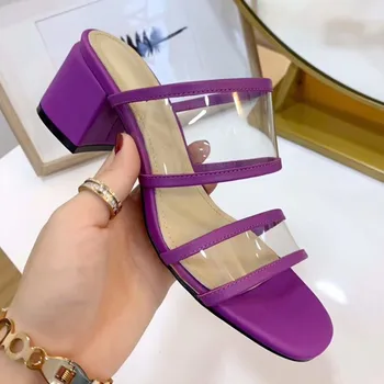 

New arrival 2019 summer slip on women shoes high heel genuine leather transparent film rome square heel sweet women slippers