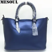 Diseño de lujo de Las Mujeres de Cuero Genuino Bolso de Asas Casual Bolso de Hombro de La Manera Azul de Las Señoras de Gran Capacidad Bolso de Compras Bolsos