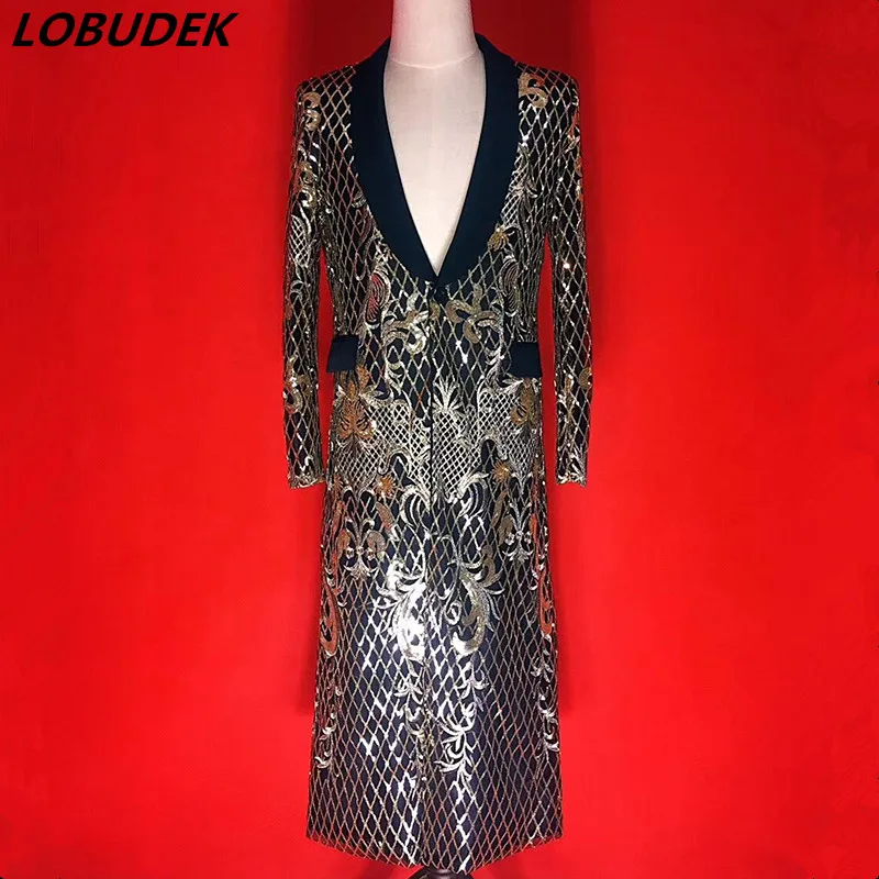

2018 New Men's Long Jacket Coat Sparkly Reflective sequins Windbreaker Outerwear Music Concert Male Singer Rock Punk DS Costume