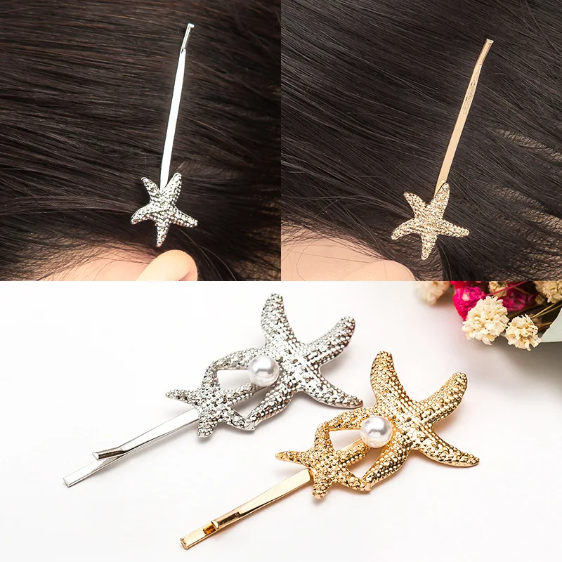 

Ruifan Europe Vintage Hair Clips for Women Starfish/Shell Shape Silver/Gold Metal Sticks Pearl Hairpins Jewelry Girl YHA007