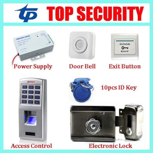 

Standalone biometric fingerprint door access control system+power supply+electronic lock +exit button+wrie bell+10pcs RFID key