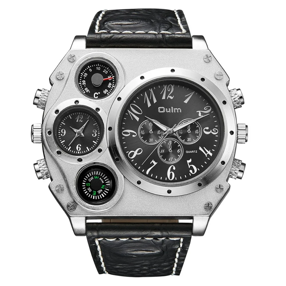 

2017 NEW Cool Men's Military Quartz Watch Python Grain Leather Strap Compass Thermometer 2 Time Zone Tonneau Dial 3 COLOR + Box