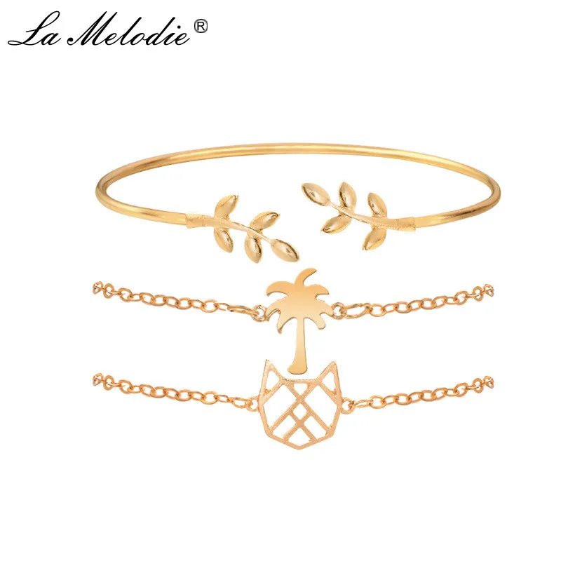 

New 3pcs/set Charm Women Adjustable Chains Alloy Coconut Tree Pendant Bracelets Leafs Open Bangle For Female Wrist Jewelry