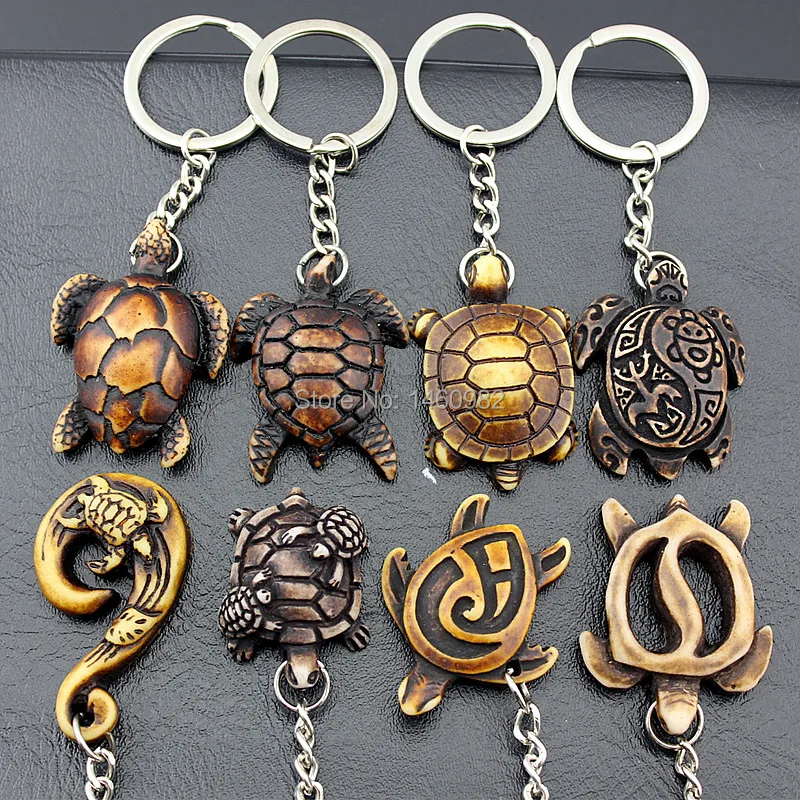 

4pcs/lot Hawaiian Surf Sea turtles Keyrings Imitation Yak Bone cute tortoise Keychains Car Key Rings for men women's Gifts YK25