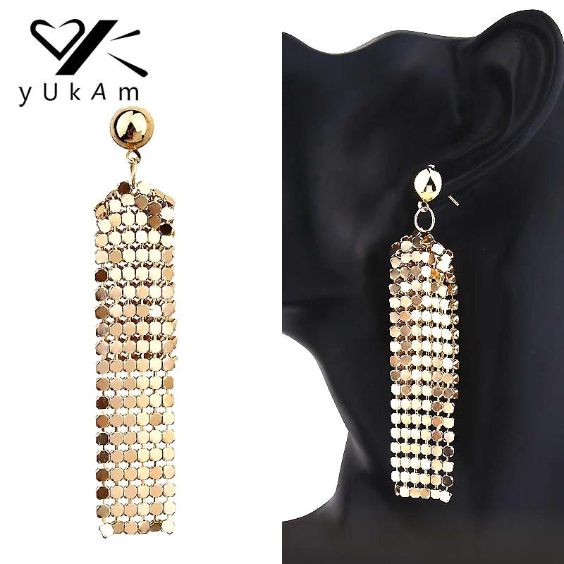 

YUKAM Exaggerated Gold Long Tassle Earrings Metal Mesh Sequins Earrings Tassels Dangle Drops Earrings Handmade for Women Jewelry