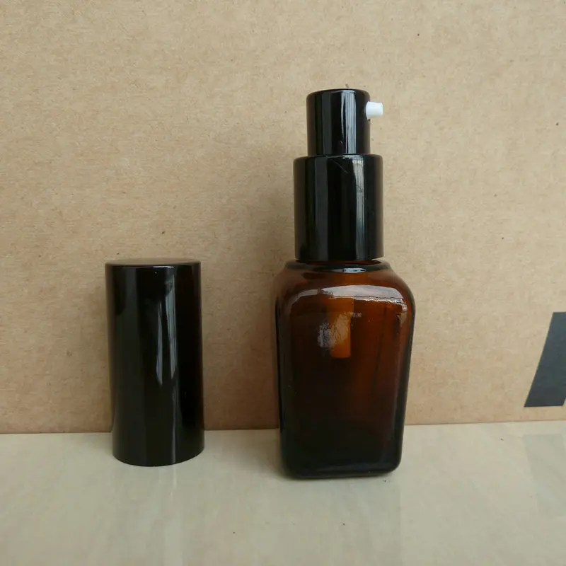 15ml brown/amber square Glass lotion Bottle With aluminum shiny black