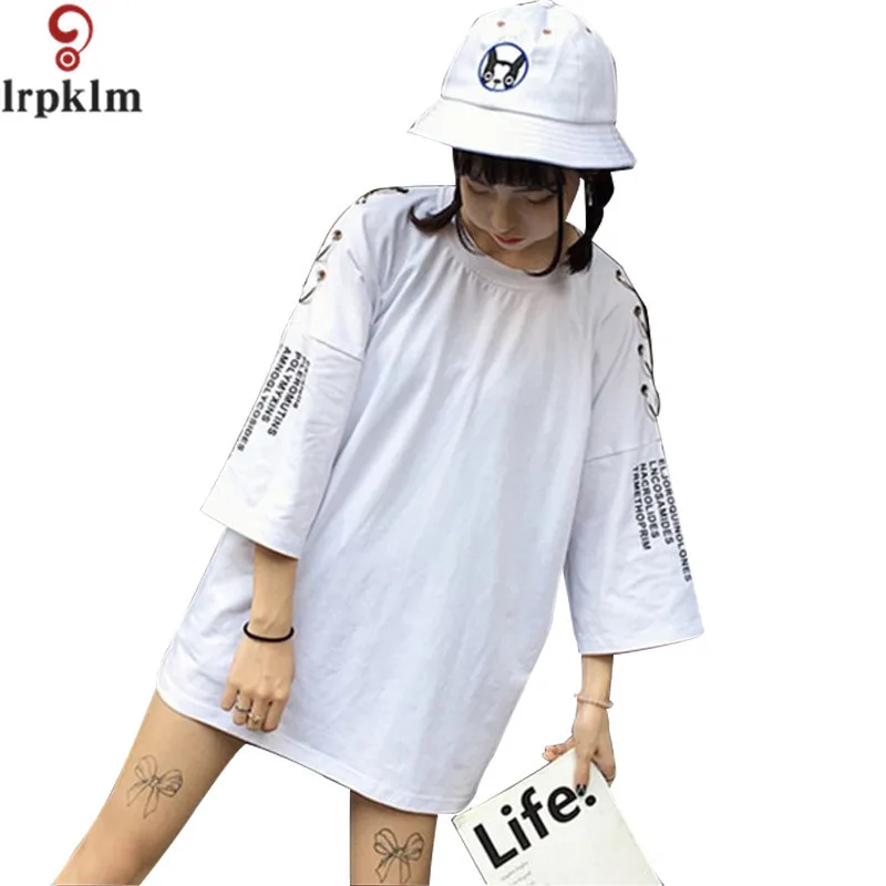 2017 di Modo di Estate New Black Hollow Anelli Misto Maglietta Allentata o collo tre quarti di manica lunga magliette e camicette donna bianca magliette lz094