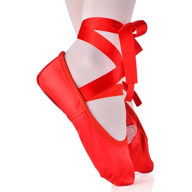 Children's and Adult Girls Ballet Dance Shoes Satin Gymnastics Flats Split Sole with Ribbon AN88