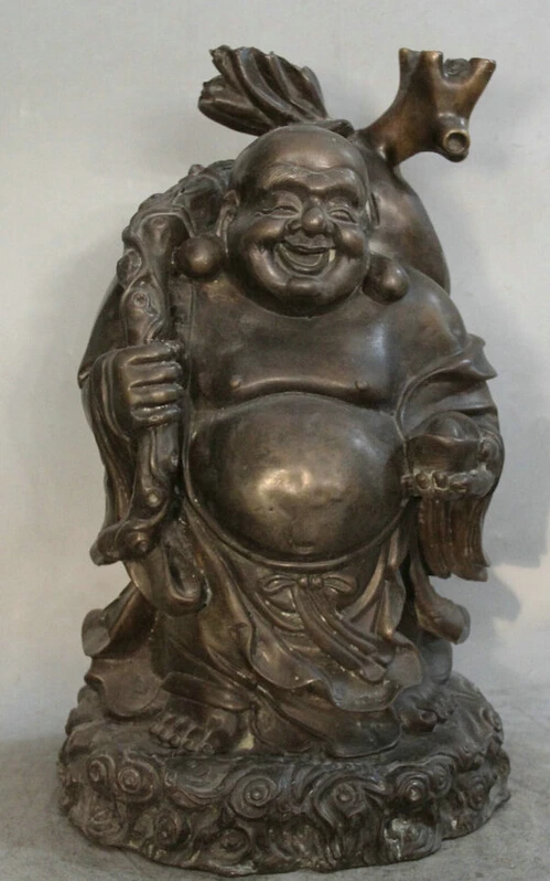 

Collectible bronze S1813 18" Chinese Bronze cucurbit Stand moneybag Happy Laugh Maitreya Buddha Statue (B0328)