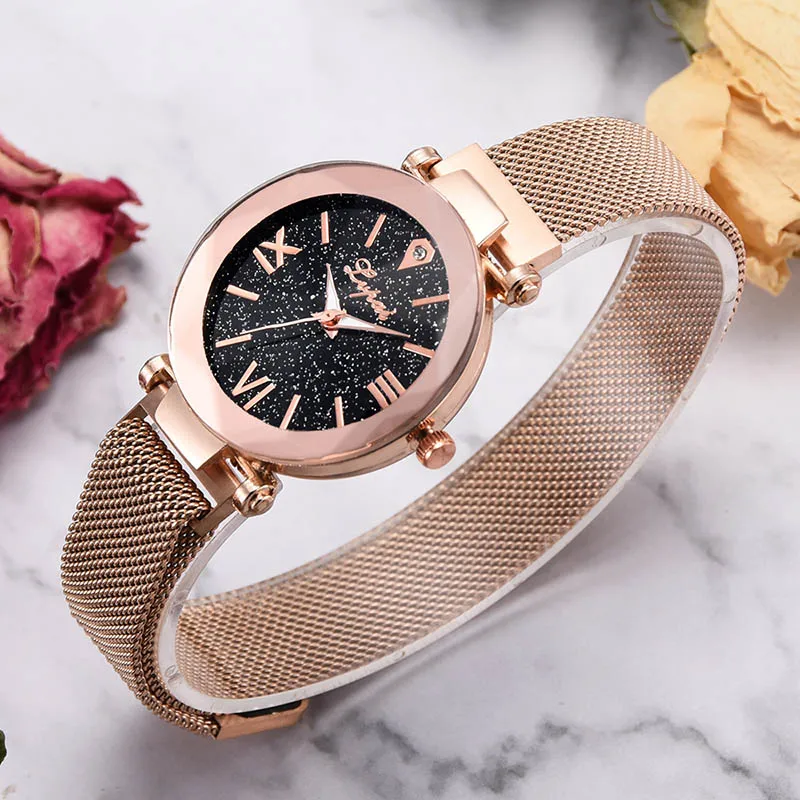 

Women Alloy Mesh Strap Quartz Watch Star Sky Dial Magnetic Buckle Wristwatch SSA-19ING