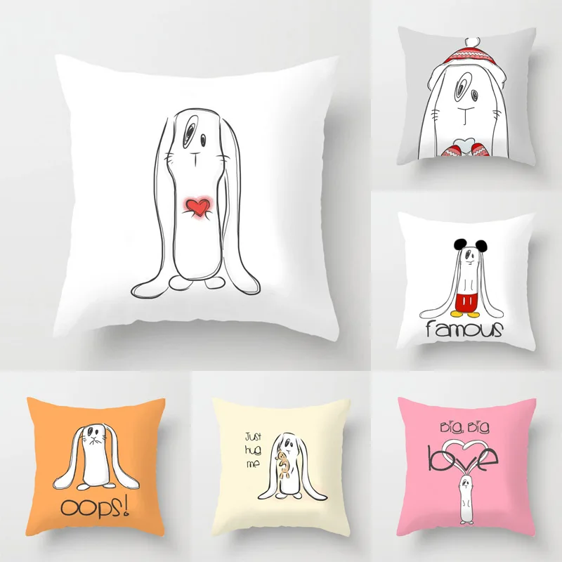 Lovely Cartoon Rabbit Illustration Throw Pillow Cover Decorative