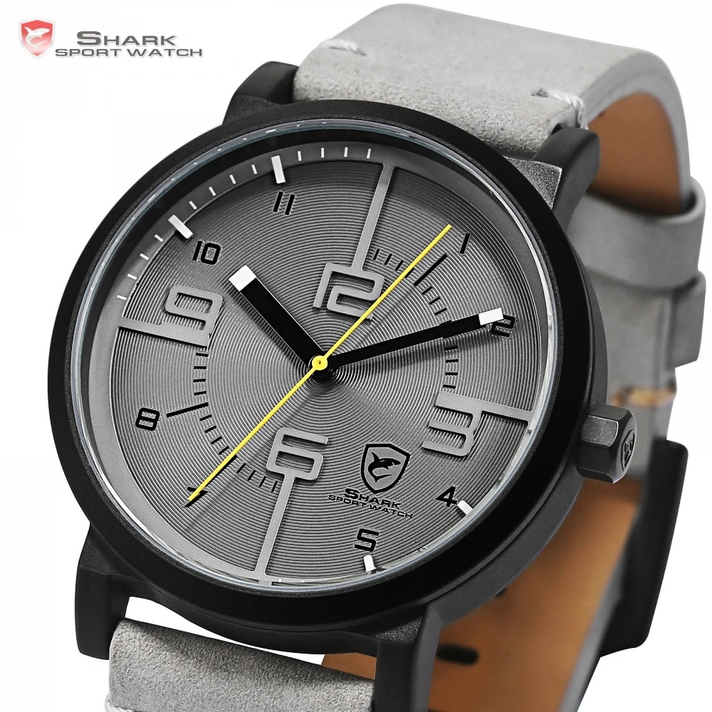 Bahamas Saw SHARK Sport Watch Grey Relogio Masculino Simple 3D Special Long Second Hand Men Male Quartz Leather Band Clock/SH571