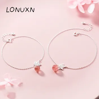 

100% 925 Sterling Silver Fashion Jewelry natural strawberry crystal pink crystal bracelet Leaves simple fresh student jewelry