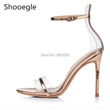 

New Style PVC Women Sandals Buckle High Heels Sexy Stiletto Metallic Leather Concise Elegant Luxury Golden Sliver