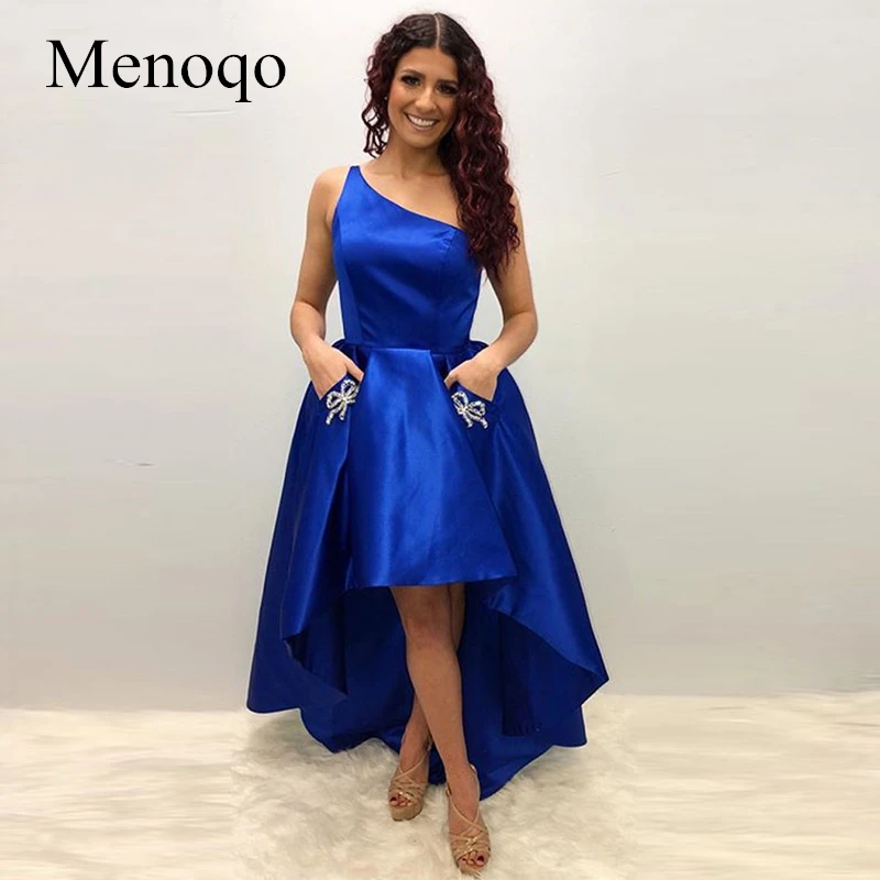 

High Low Royal Blue Evening Dress 2019 One Shoulder Short Front Long Back Beaded Evening Party Gown with Pockets