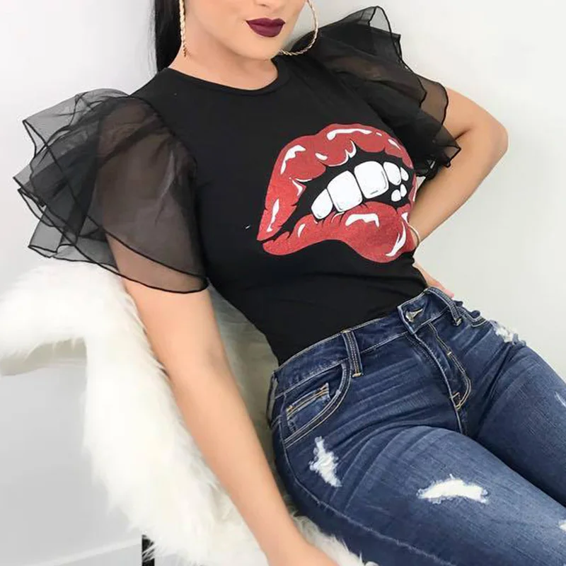 Summer Sexy O Neck Ruffles Short Sleeve Women Shirts 2019 Lips Printed Casual Lady Shirt Elegant Female Streetwear Fashion Tops