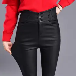 Новый осень-зима плюс бархат Повседневное кожаные штаны Для женщин тонкие искусственная кожа брюки карандаш эластичные узкие джинсы