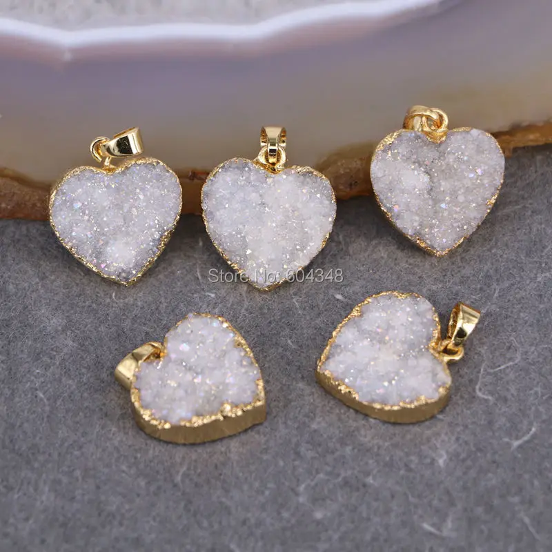 

5pcs Charm Quartz Pendant, Heart Pendant, Gold color White AB Crystal Drusy Quartz Gem stone Pendant, For Jewelry Making