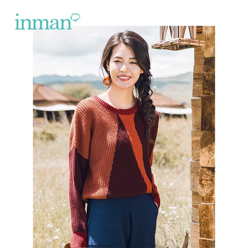 INMAN Winter Female Round Collar Contrast Color Jacquard Loose Retro Literary Pullover Women Sweater | Женская одежда