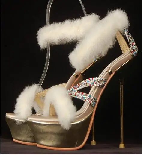 

Dipsloot Women Rabbit Hair Thigh High Metal Heels Summer Gladiator Sandals Lady Peep Toe Slip-on Dress Multi Color Crystal Shoes