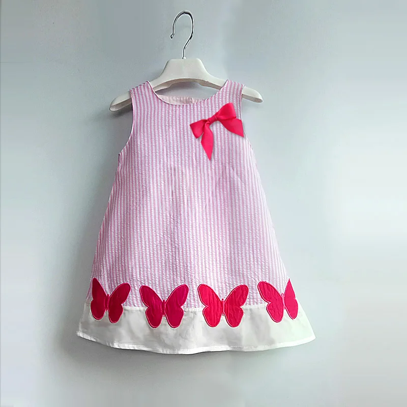 Новые детские хлопковые платья в полоску, популярные летние платья для девочек, детское платье без рукавов с бантом - Цвет: Pink