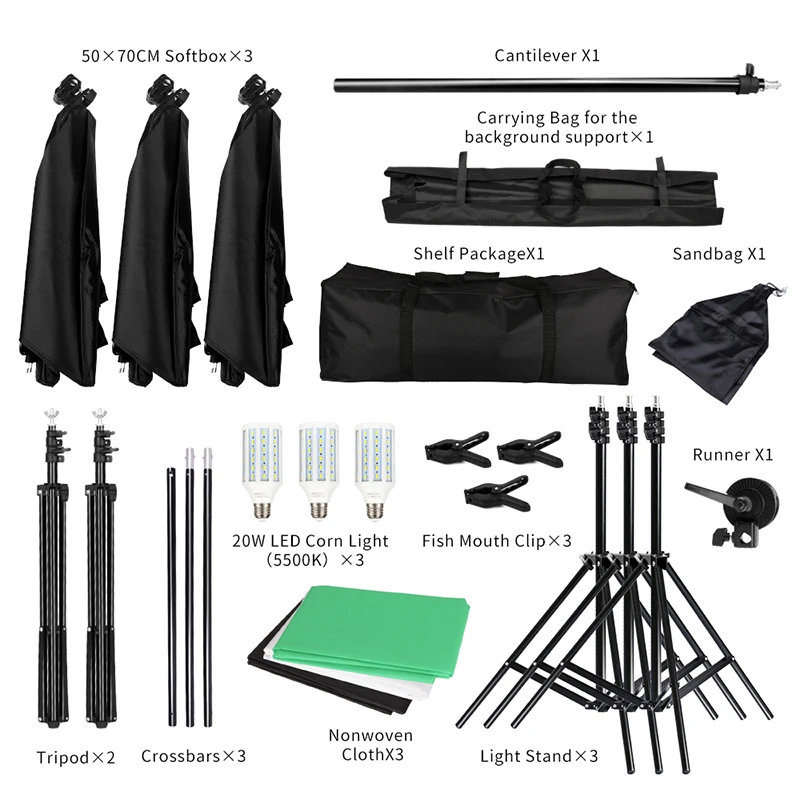  Green Screen Non-woven Background Support Stand Kit 20 Watt LED Hair Light Boom Stand Studio Photo 